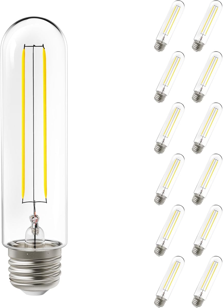 Sunco Paquete de 12 bombillas LED T10 de atardecer a amanecer, 5 W = 40 W, luz tubular Edison | 450 LM, 2700K Blanco Suave, Base E26, Bombilla Decorativa Vintage Impermeable para Exteriores, Filamento Vintage, Cadena de Luces, Patio, Patio