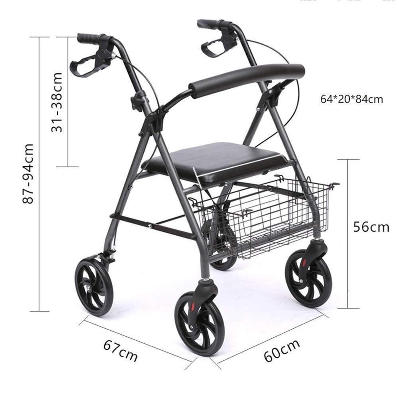 Andador con ruedas, estructura plegable, ligero, de aluminio, con tracción en las 4 ruedas, asiento y cesta con freno.