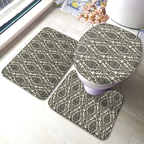 DIRYKILP Badematte + Konturmatte + WC Deckelbezug Barock 3 teilig Badematte Set, mit rutschfester Klebeunterseite