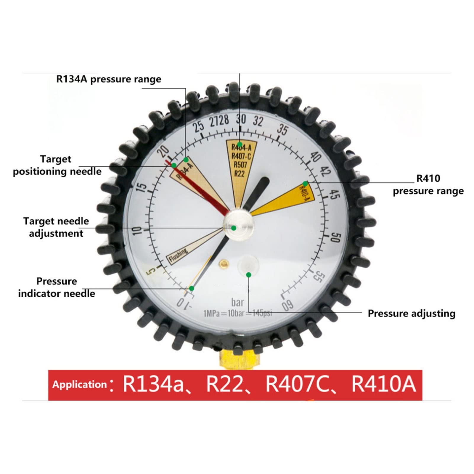 Manomètre 1/4 SAE,-1~60bar 80mm Pouce Test de Pression d'Azote de Réfrigération de Climatisation,pour R134a, R22, R407C,R410A,R404A,R507,R422D,R32