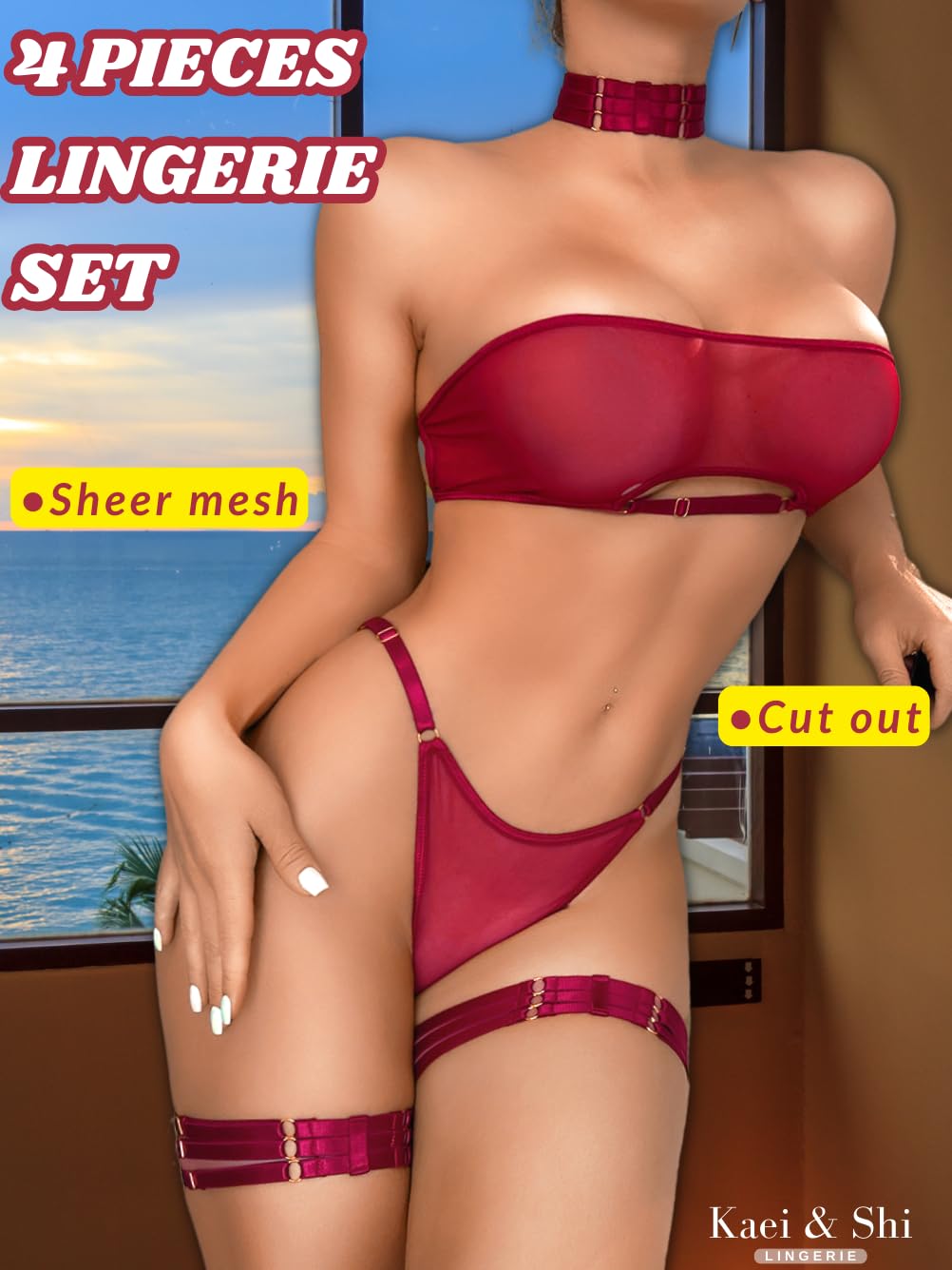 Kaei&Shi Sheer Mesh Lingerie Set, Sexy Bra And Panty 4PC, Strapless Choker