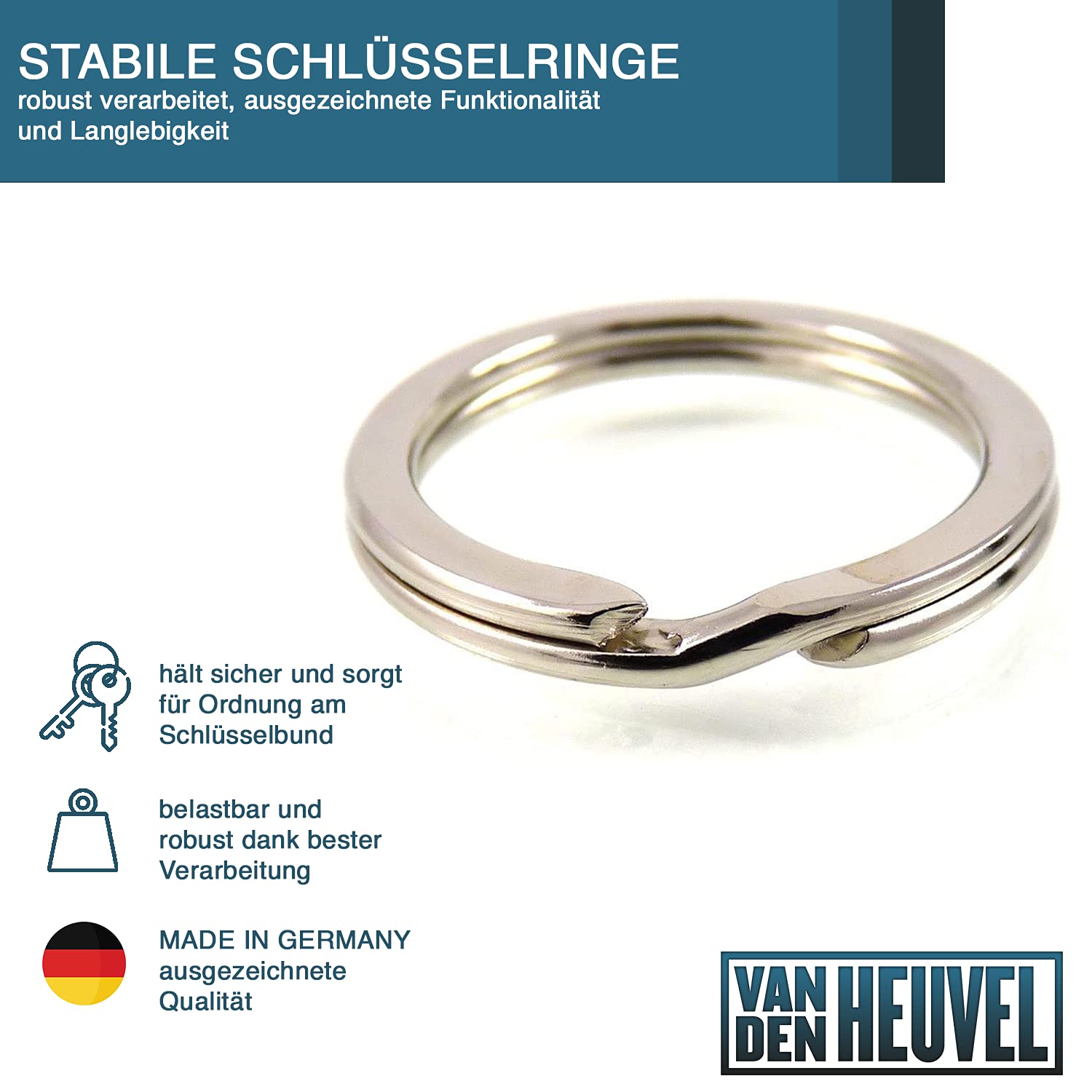 van den Heuvel | 1000 Stahl Schlüsselringe 30mm Durchmesser | flacher Schlüsselanhängerring gehärtet/vernickelt | langlebiger Schlüsselanhänger zur Schlüsselorganisation | Made in Germany