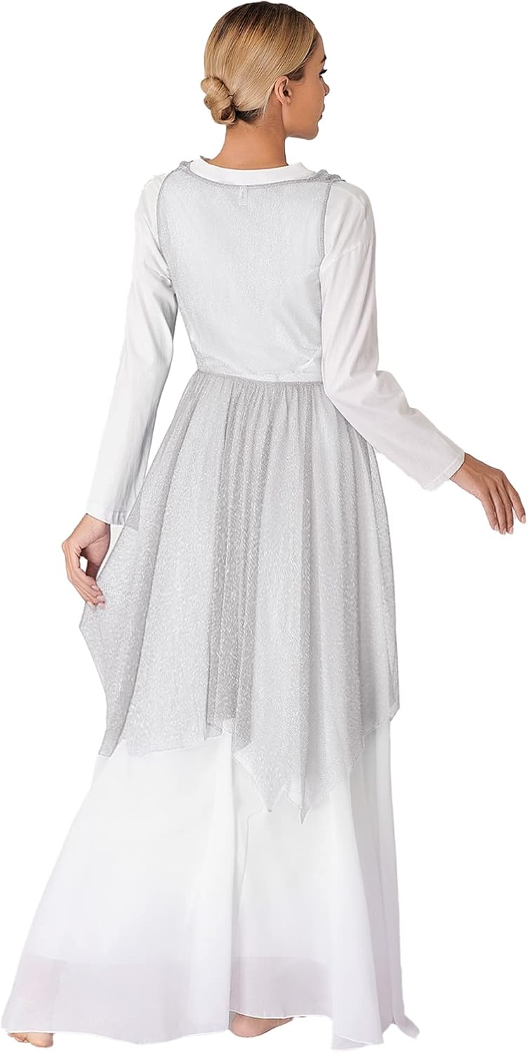 Women's Glitter Asymmetrical Tunic Worship Praise Dance Overlay for Contemporary Dance Dress