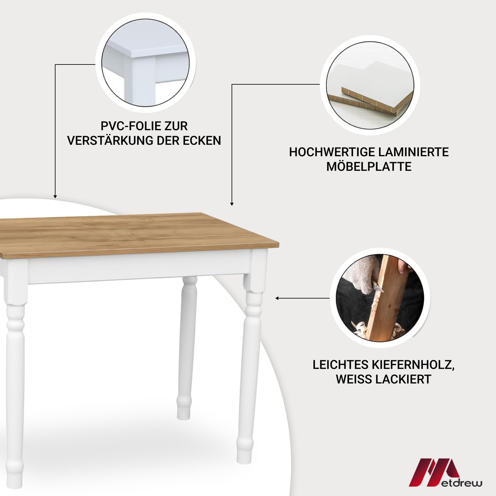 Esstisch aus Holz | Tisch 80x60 cm | Kompakt & stabil | Mit Zierbeinen | Für 2 Personen | Platzsparend für Küche | Skandinavisches Design | Weißer Küchentisch | Tischplatte: Craft Eiche Gold
