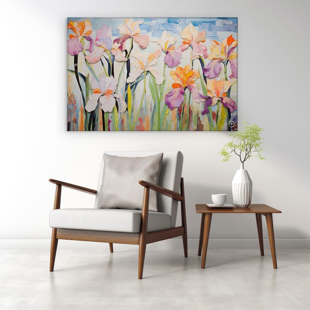 Canvas for Living room. Blooming Irises in Oil A Dance of Color and Texture Against the Sky, 27 x 18 inch Canvas Wall Art - Contemporary Masterpieces - Modern Home Decor - 69x46 cm (27x18 inch)