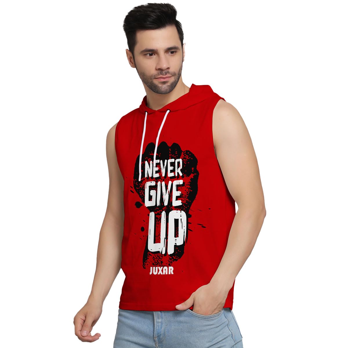 juxar Mens Wear Never GIVE UP Hoodie Sando Sleeveless Fabric 100% Cotton for Sports wear & Gym wear Printrd Sando_(JXR-TEE02)-picture-34