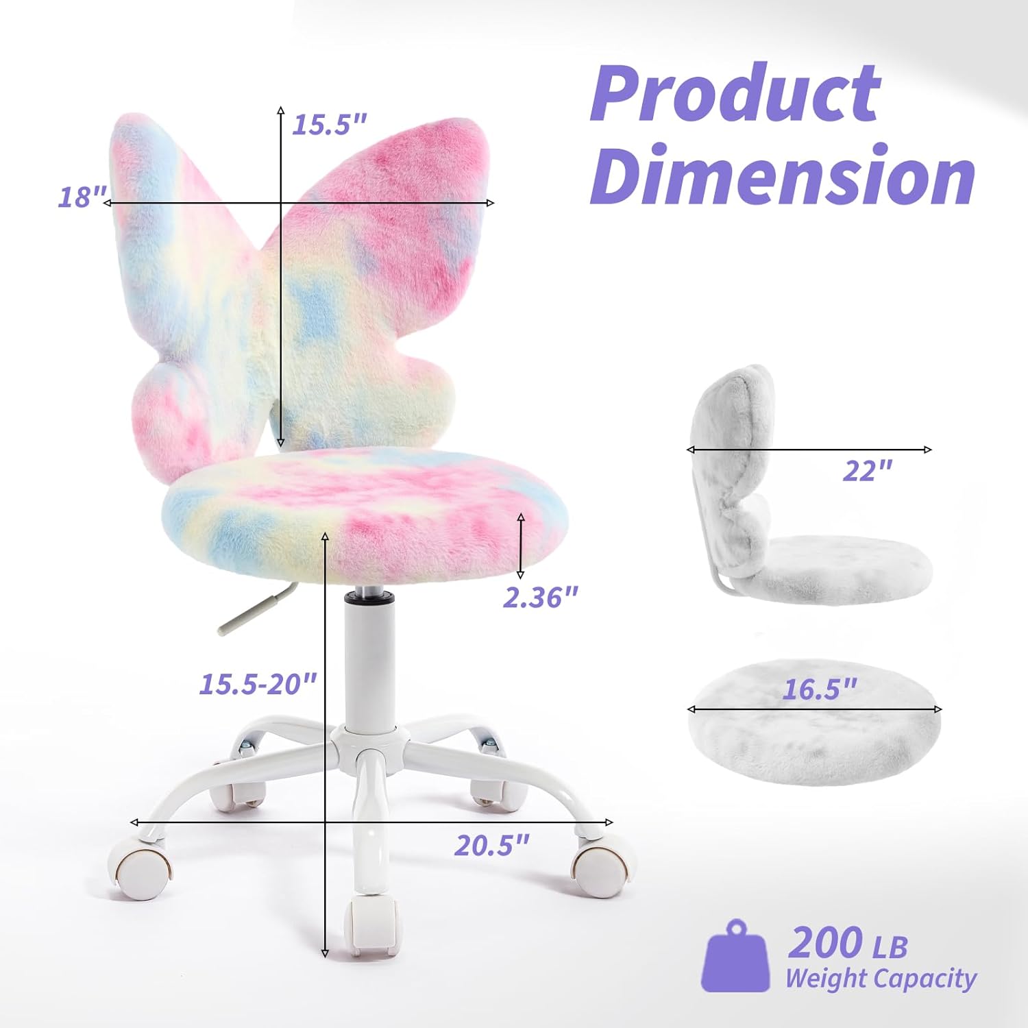 Kids Desk Chair with Adjustable Height,Butterfly Study Fluffly Chair with Comfortable Swivel Function for Reading,Vanity ＆ Playing (Pink)