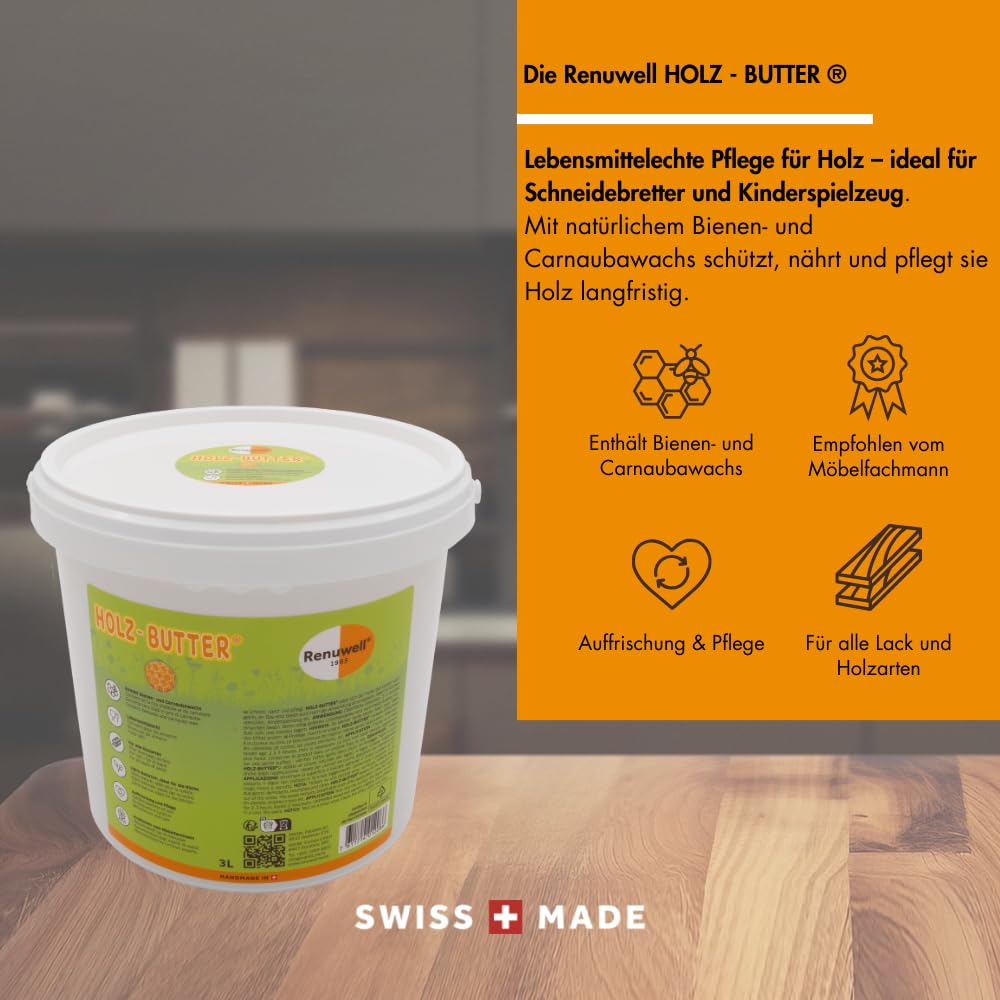 Renuwell Holz Butter, 3 Liter – Intensiv-Pflege für alle Holzarten, Möbelpflege 100% natürliche Inhaltsstoffe, Lebensmittelecht, hochwertiger Holzbalsam mit Bienenwachs, Schweizer Qualität