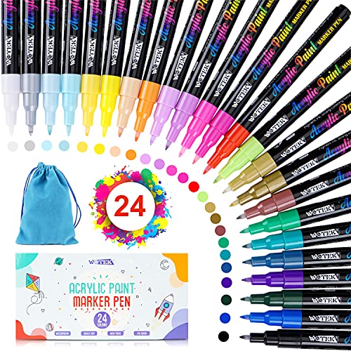 Acrylic Paint Markers, Acrylic Paint Set with 24 Colors, Acrylic Paint Pens for Rocks Painting, Scrapbooking, Ceramic, Canvas, Metal, Wood, DIY Craft Supplies, Art Supplies. Quick-Dry Paint Pens