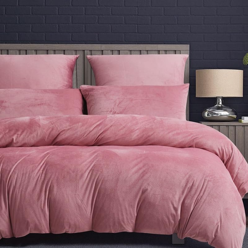 Luowei Ropa de cama cálida de 135 x 200 cm, color rosa, forro polar, funda de edredón y funda de almohada de 80 x 80 cm, con cremallera