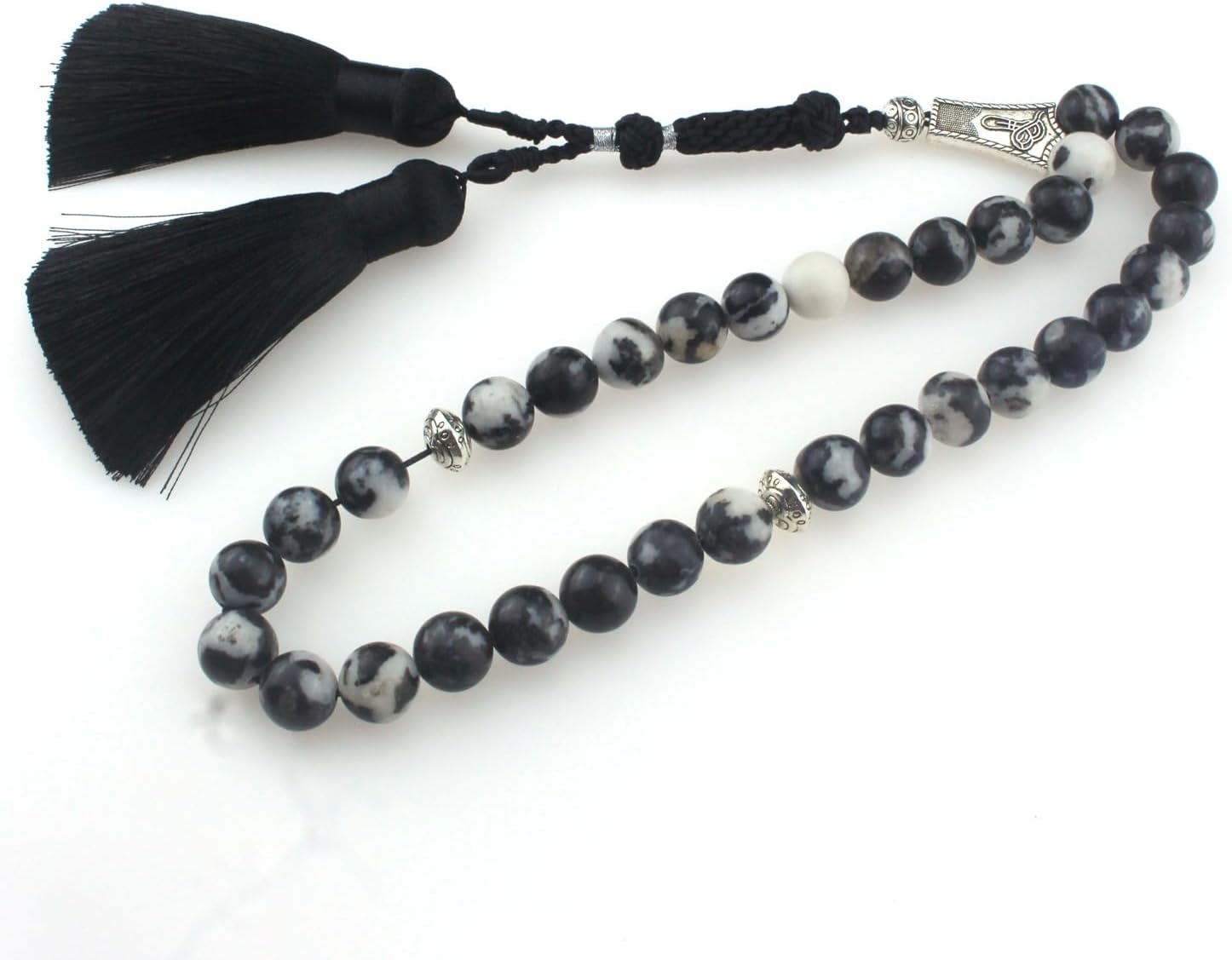Muslims Islamic Dhikr 33 Tasbeeh Tasbih Prayer Beads, Black White Stone Beads with Tassel