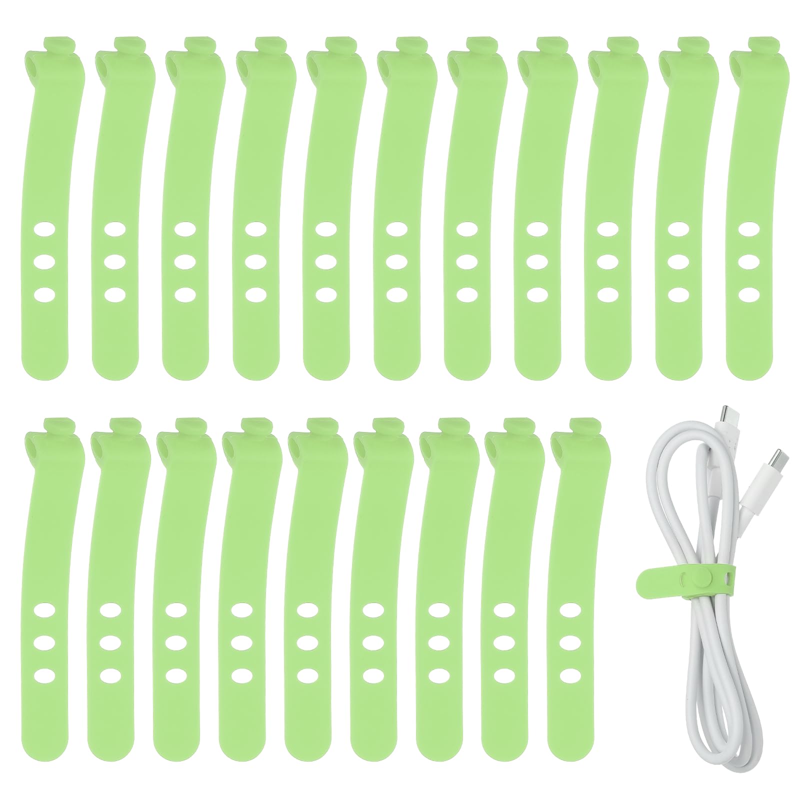 sourcing map 20Pcs Silicone Cable Ties, 3 Hole Reusable Rubber Cord Tie Adjustable Elastic Cord Wraps with Locking Buckle, Multi Purpose Cable Strap for Home Office Travel Wires, Light Green