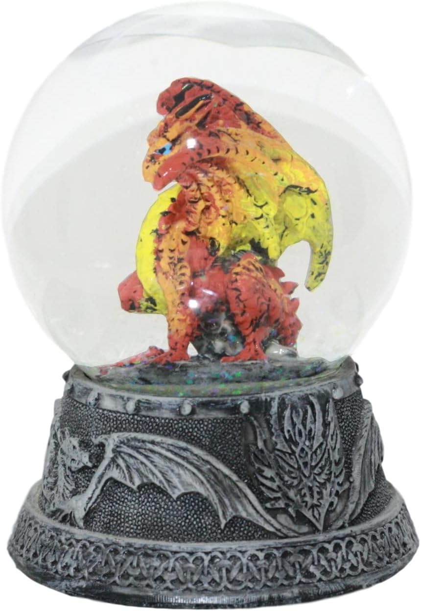 Ebros Small Mythical Fire Lava Volcanic Hyperion Dragon Water Globe Figurine with Glitters 4.5" H Sparkly Glitter Globe Collectible 80mm