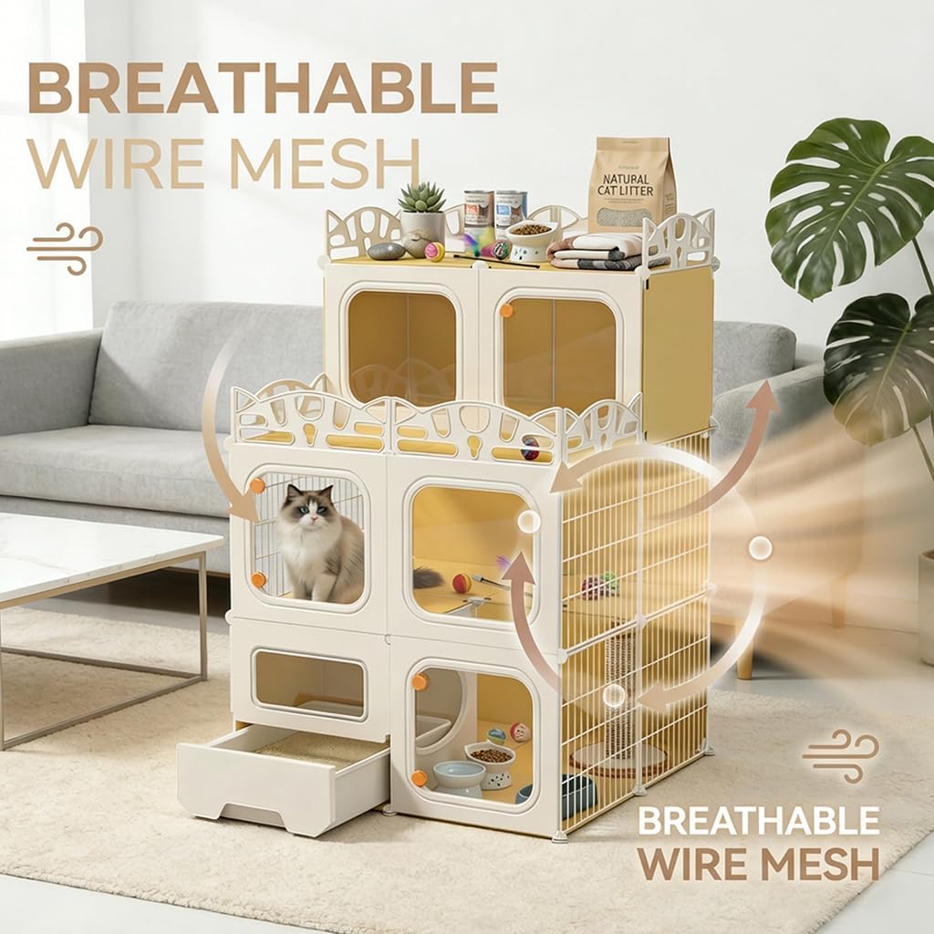 Cat Cage with Built-in Litter Box & Interactive Platform, Top Storage Shelf, Cat Cage Indoor & Outdoor Use, Expandable Cat Playpen