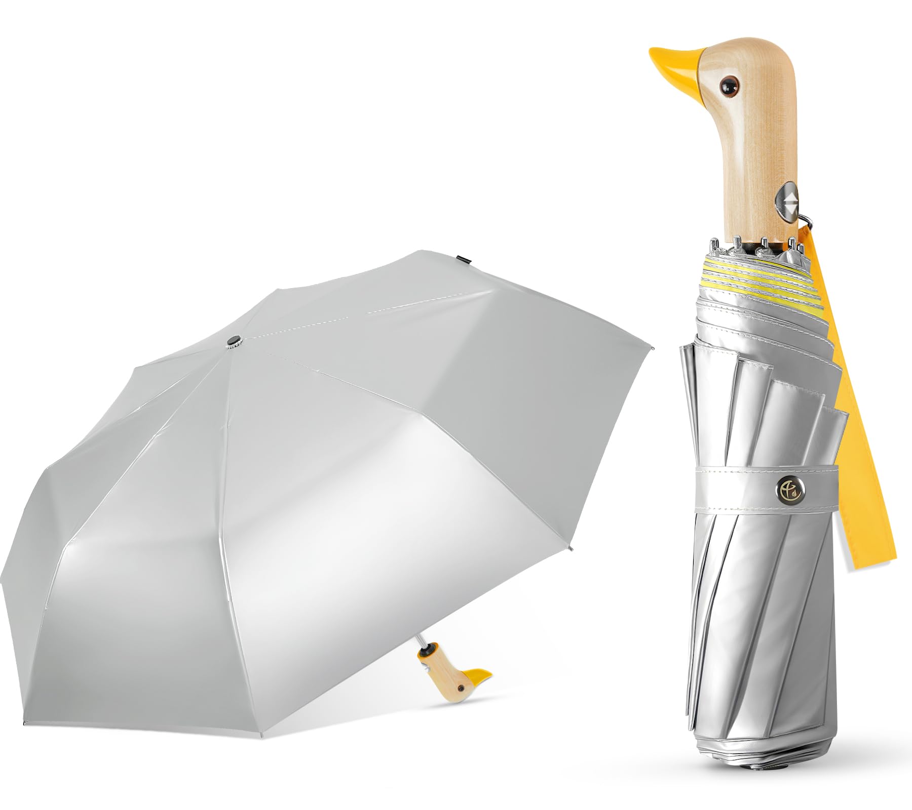 Natuquebrela Cute Duck Umbrella Automatic - Compact Pretty Pocket Size Strong Duck Collapsible Umbrella Yellow Wooden Handle for Women