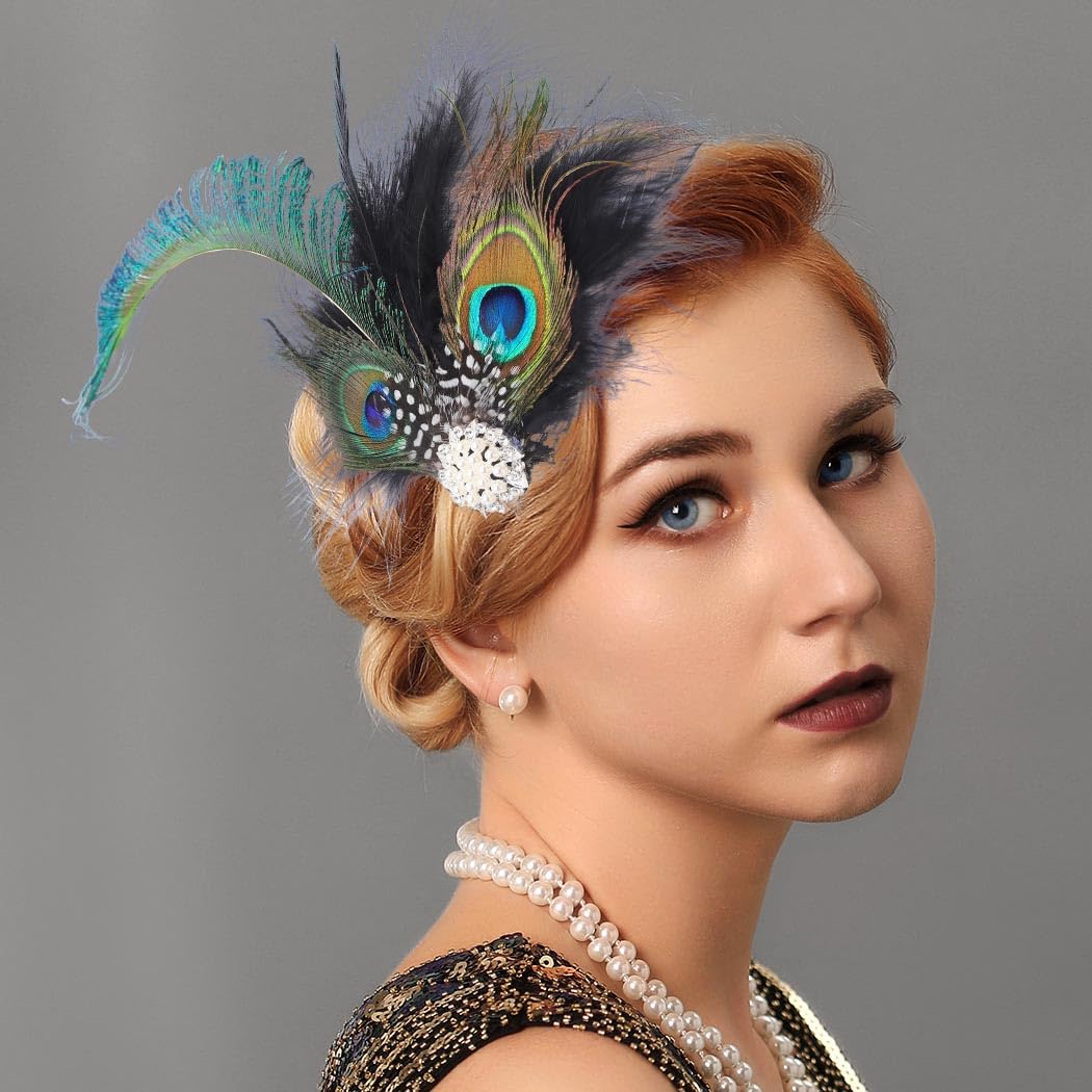 Flayem 1920s Feather Hair Clip Fascinator Gastby Flower Rhinestone Pearl Prom Costume Hair Accessory for Women (Black-Green) - Image 4