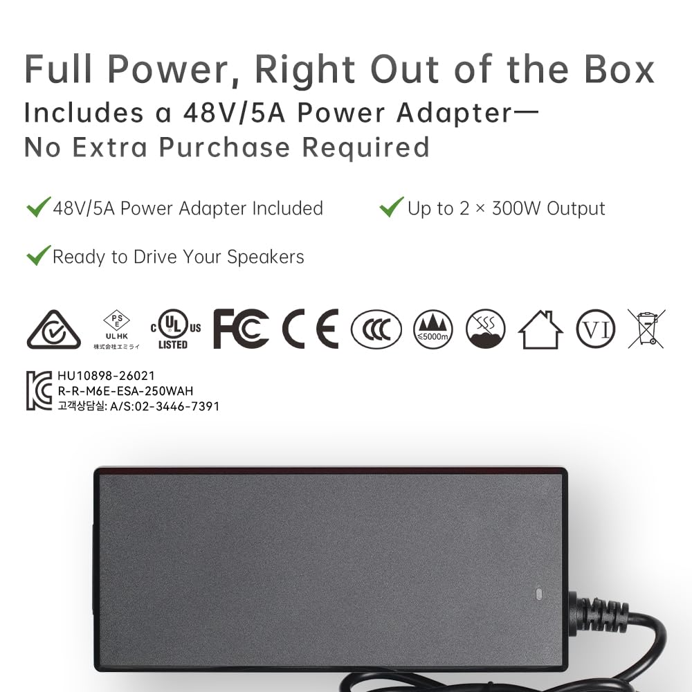 JadeAudio Livello 1 Desktop HiFi Bluetooth LDAC Amplificatore 2×300W Classe D, ingresso USB/coassiale, uscita subwoofer, amplificatore stereo per Home Theater/computer/altoparlanti con alimentazione