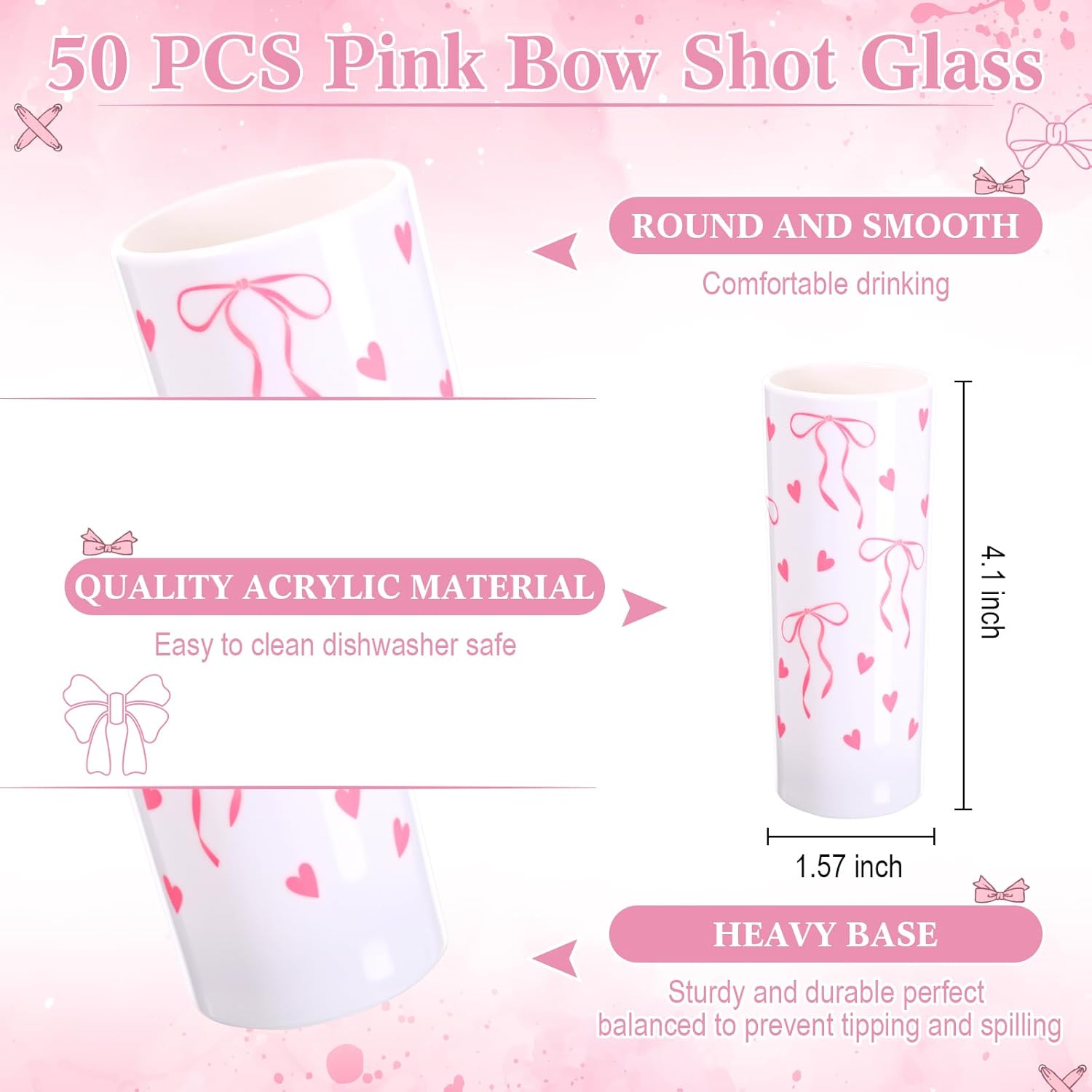 LemonRoad 50 Pcs 2.2 oz Tall Shot Glasses Pink Bow Cup Set, Coquette Acrylic Shot Cups, Pink Bow Party Favor Birthday Bridal Shower Wedding Bachelorette Mother Women's Day Party Supplies(White)