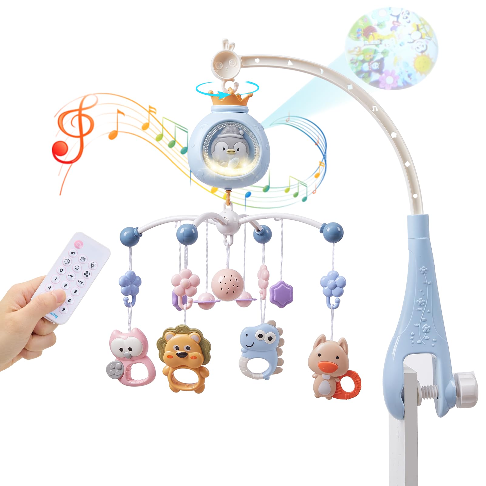 Warmiehomy Baby Cot Mobile with Light and Music Cot Mobiles for Babies with Penguin Projection Timing Function Remote Control Nursery Mobiles for Babies 0-12 Months