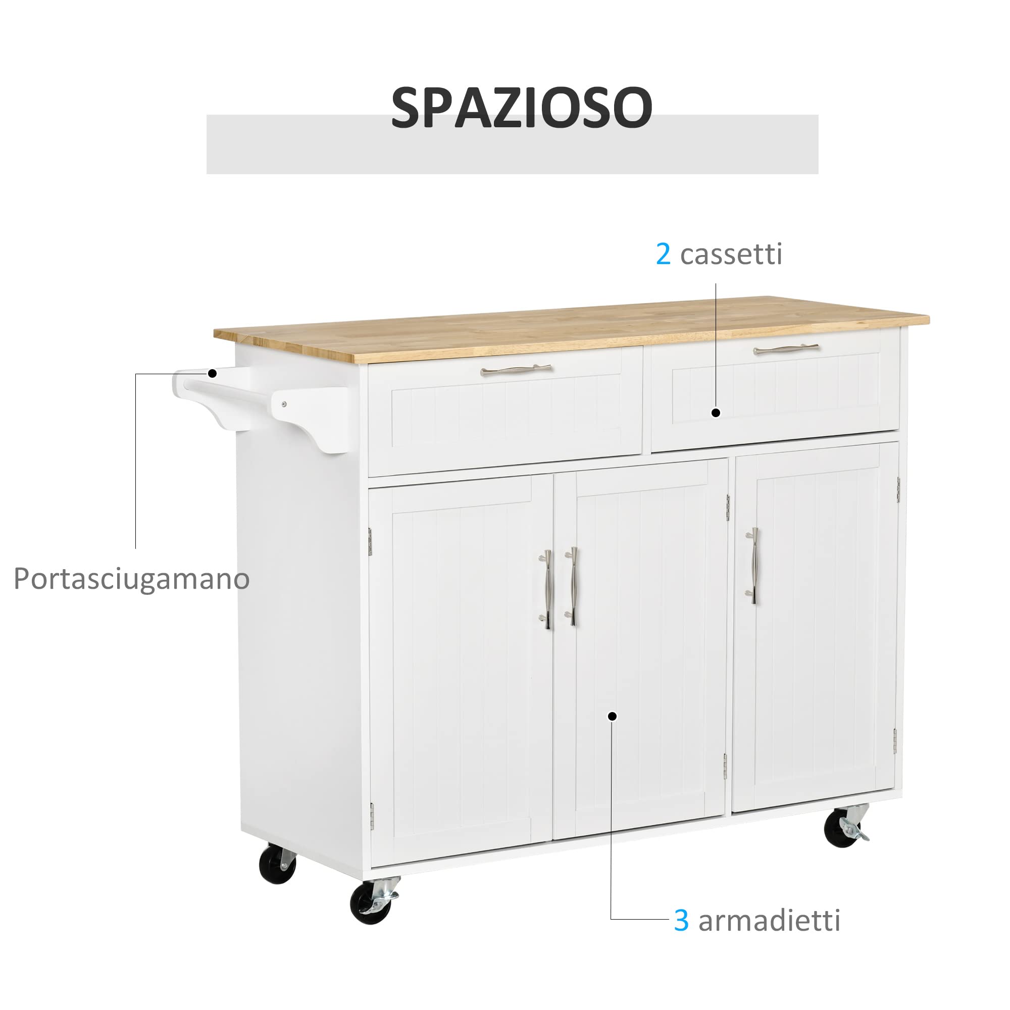 HOMCOM Carrello da Cucina Multiuso con 2 Cassetti, 3 Antine e 4 Ruote, in Legno e MDF, 121x46x91cm, Bianco