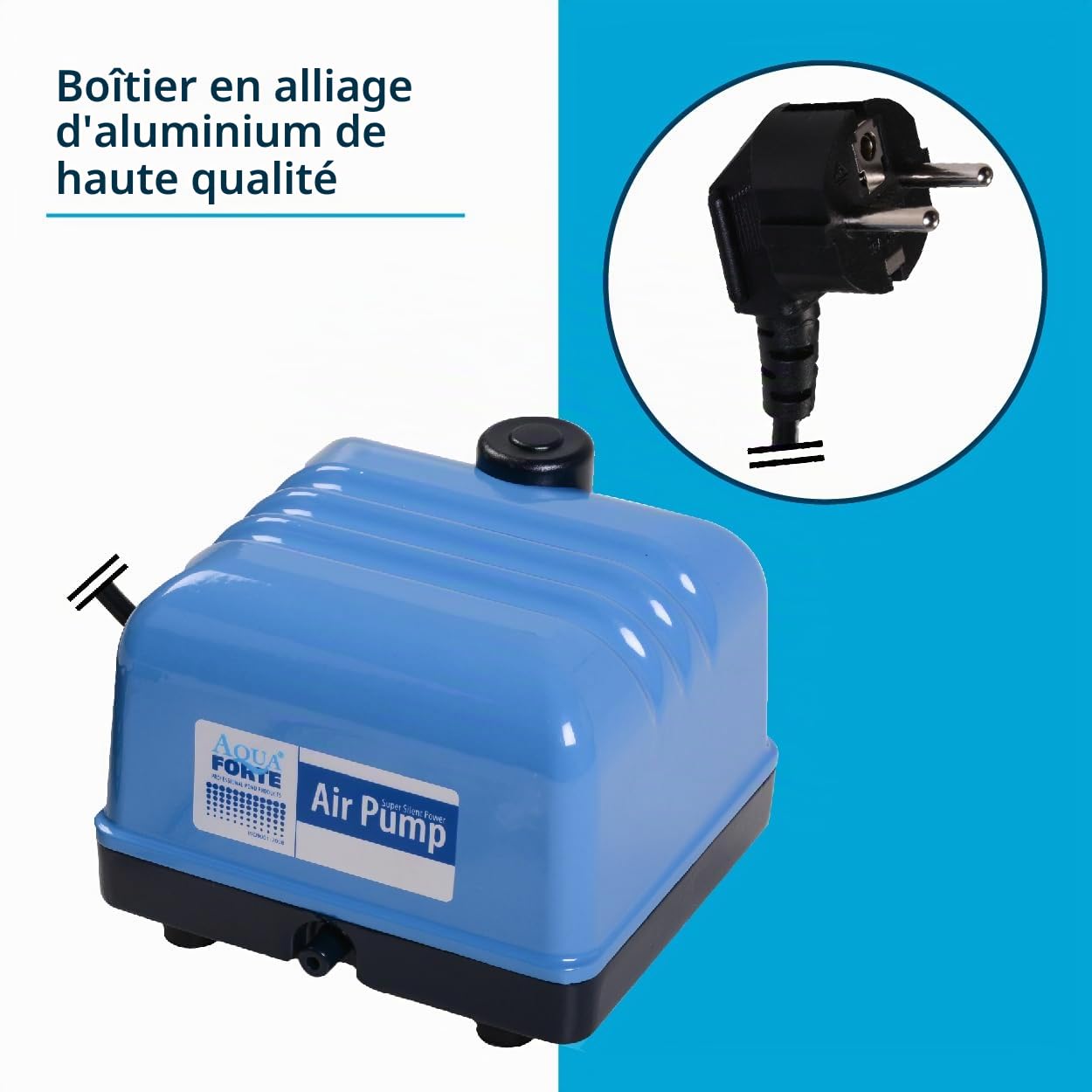 Pompe à Air Aquaforte Hi-Flow V-20, Boîtier en Aluminium, Silencieuse et Puissante, Puissance 15 Watts, Capacité à 2 mètres 3 Litres par minute, Capacité maximale Du Bassin 12 m3, Non Réglable