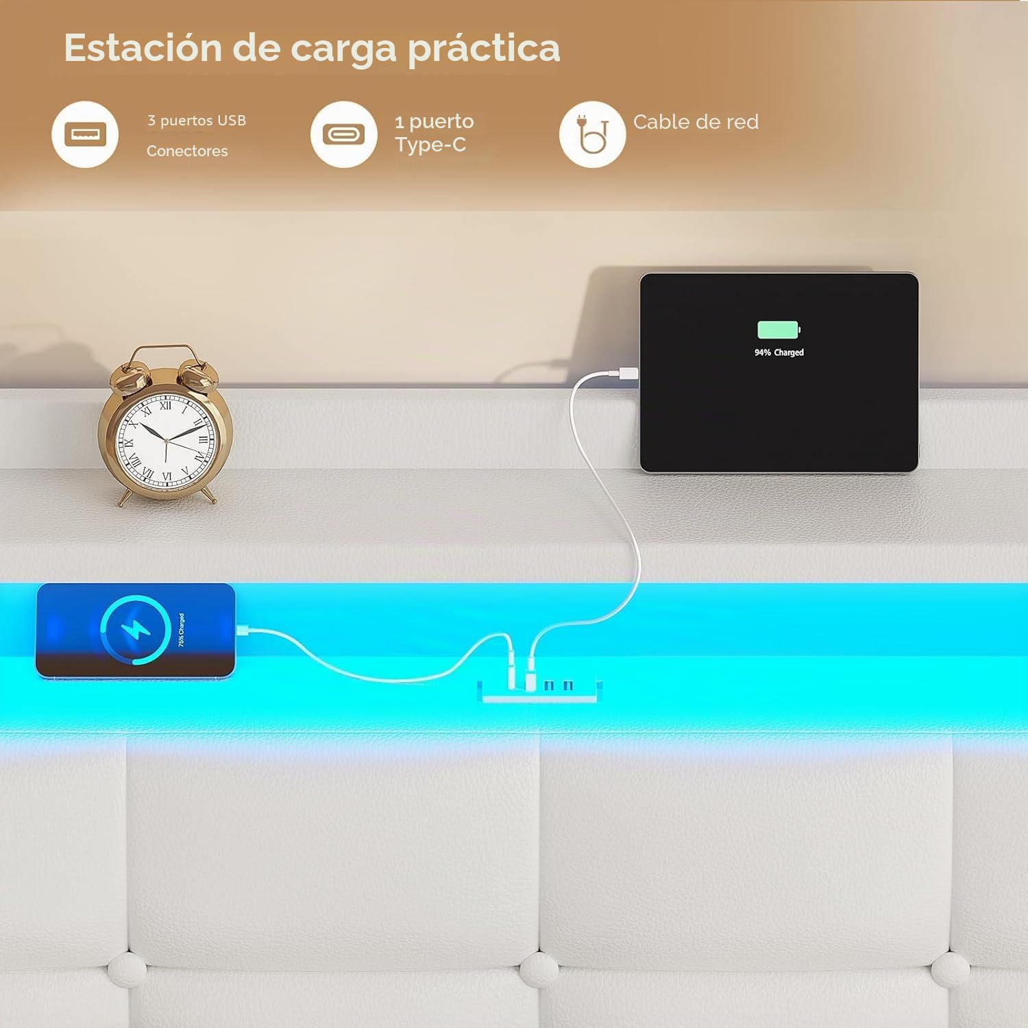 AOGLLATI Cama de matrimonio de 160 x 200 cm con efecto visual levitante, estructura de cama con LED y estación de carga, cama con cabecero acolchado y estructura de metal, sin colchón, color blanco