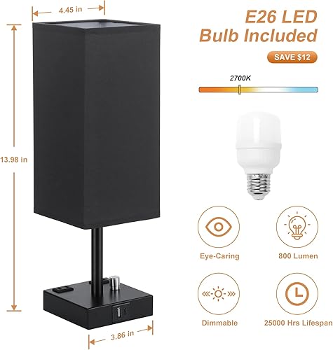 Miniatura 5 de Juego de 2 lámparas de mesita de noche totalmente regulables, color negro, con puertos de carga USB C+A y 2 salidas de CA, juegos de lámparas