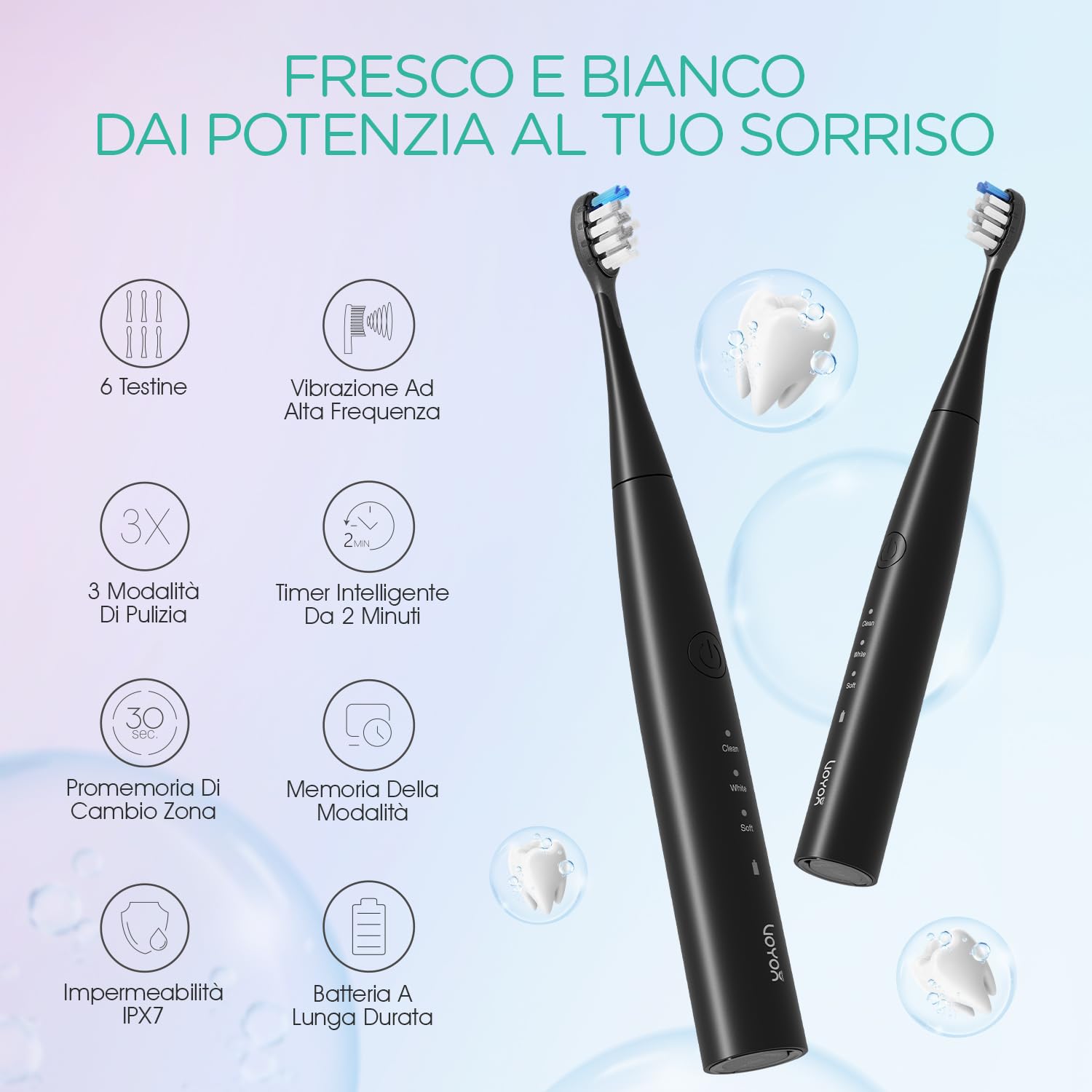 VOYOR-HEALTH Spazzolino Elettrico Sonico per Adulti 41000 VPM con 6 Testine | Batteria da 70 Giorni, Spazzolino Elettrico da Viaggio, Timer 2 Minuti, IPX7, 3 Modalità di Pulizia per Famiglia, ET110 Nero