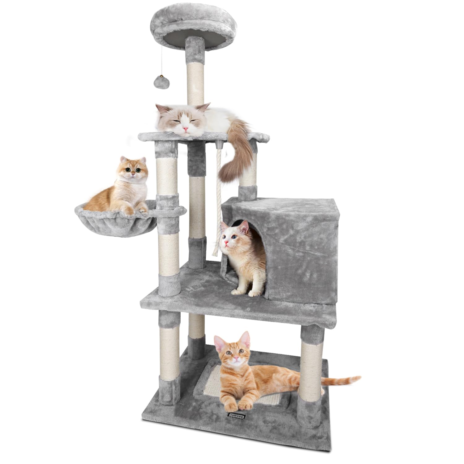 Nobleza Albero per Gatti 148 cm, Tiragraffi con Amaca, 9 Pali Sisal, 2 Piattaforme, Pompon e Cuscino, Gioco per Gatti Adulti, Grigio