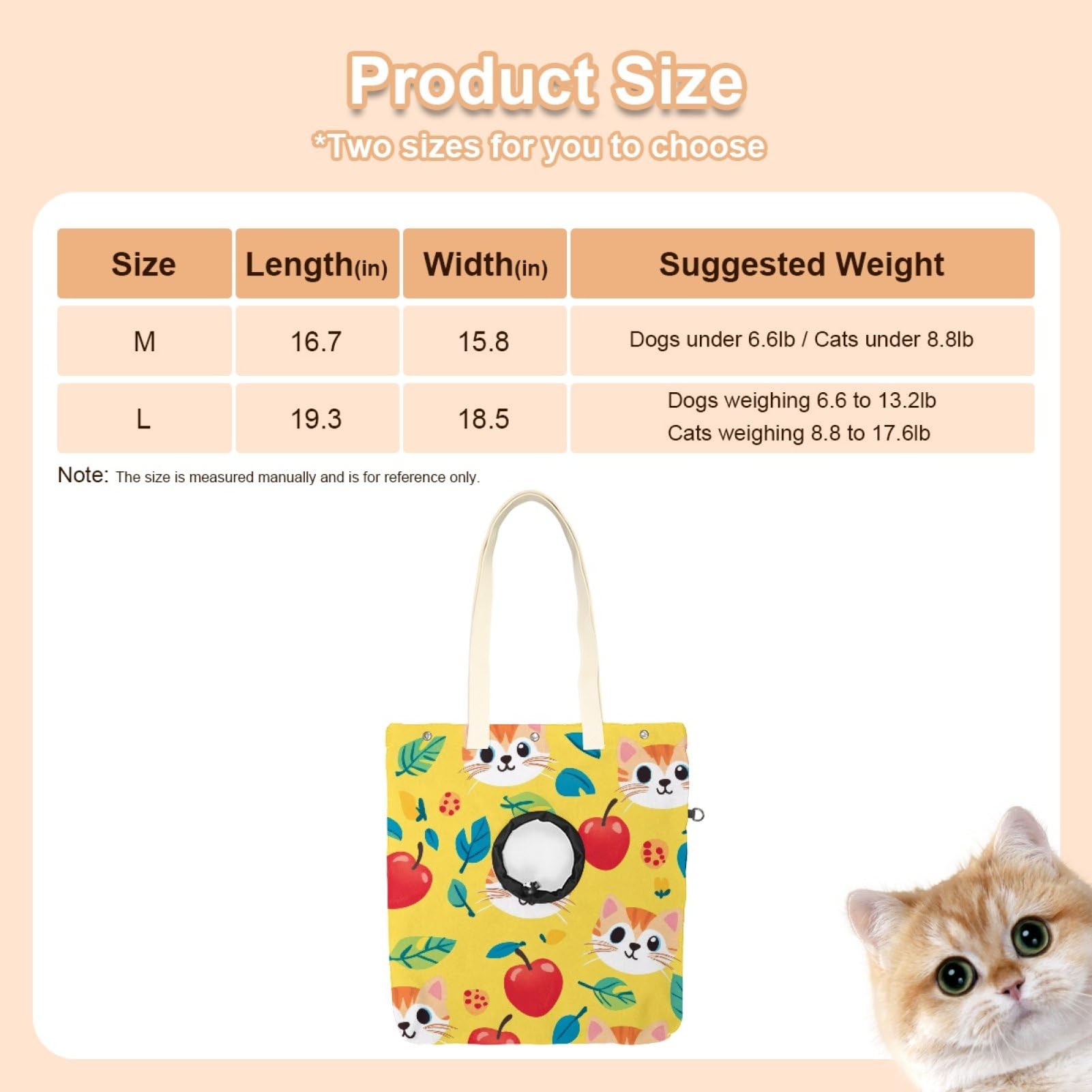 Pet Canvas Shoulder Bag Soft-Sided,Dog Purse Carrier for Small Dogs and Cats, Portable Pet Handbag with Adjustable Hole, Pet Washable Travel Tote Bag,Cartoon Cats Fruits 19.3''x16.5''