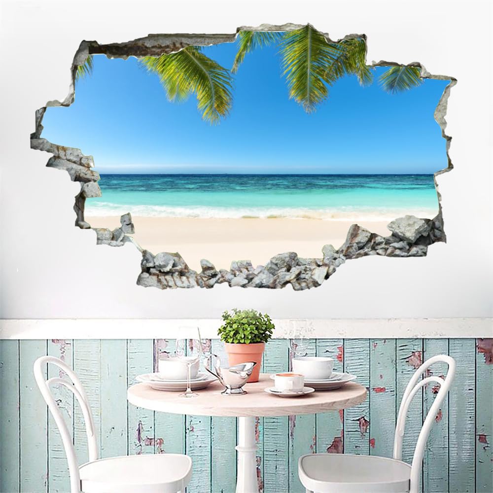 3D Smashed Wall Effect Beach Vacation Stickers Muraux Imperméables Art Amovible Feuille De Palmier Sticker Mural pour Enfants Garçons Filles Nursery Home Chambre Décoration Murale