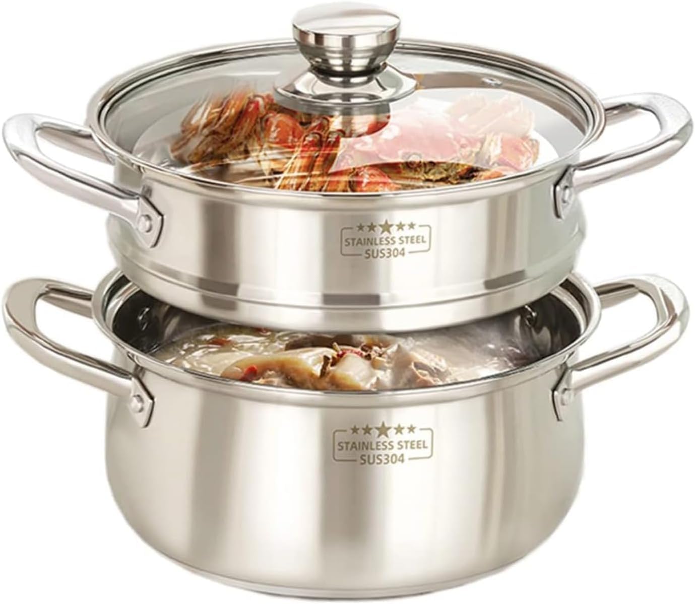 蒸し器付きステンレススープ鍋、とろみ鍋、電磁調理器、家庭用ガス鍋 両手鍋 ステンレス製 蒸し器 蒸しプレート付き 底を厚くする オー