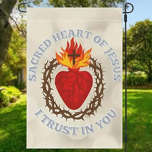 Welcome Garden Flag,Sacred Heart Of Jesus I Trust In You Garden Flag,12x18 Vertical Double Sided Colorful Farmhouse Holiday Outside Decorations Burlap Yard Flag