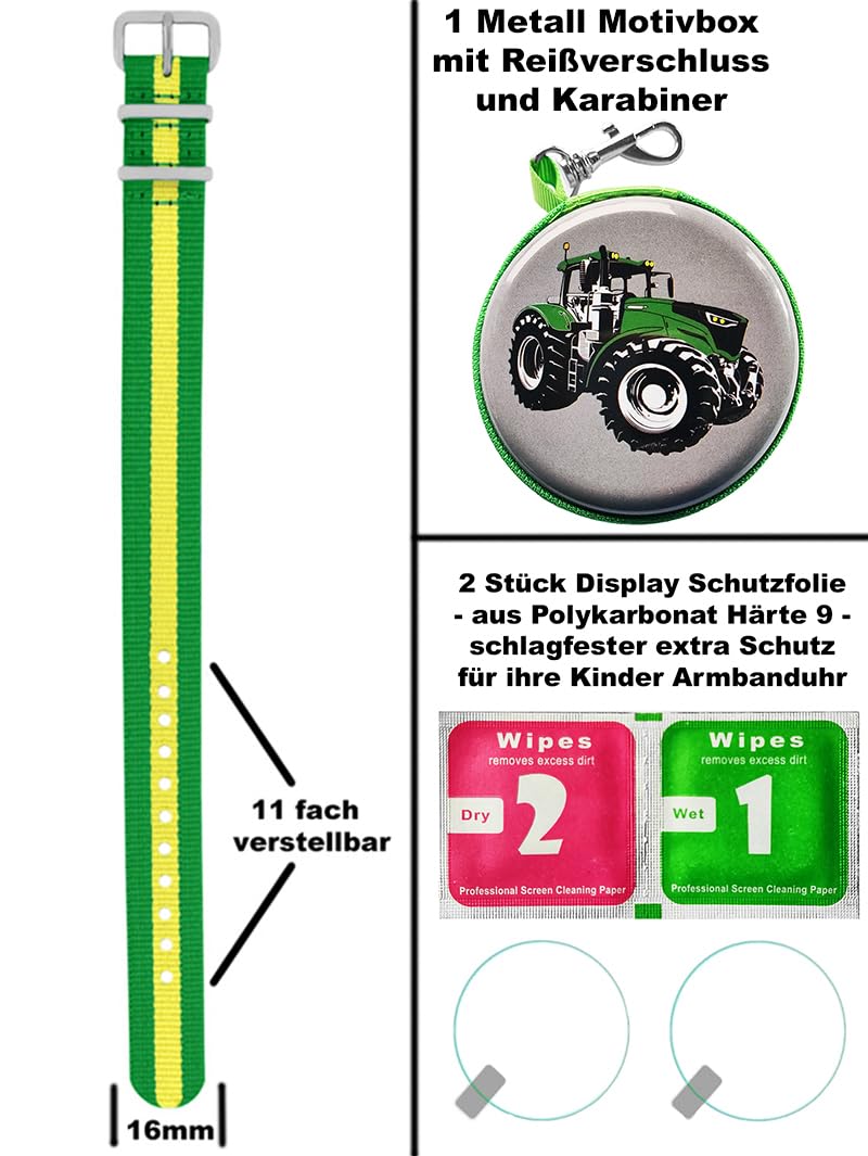 Geschenkset 5tlg. Kinder Armbanduhr Jungen Traktor Trecker grün 5ATM wasserdicht Sammelbox Geldbörse Analog Quarz 2tes Armband
