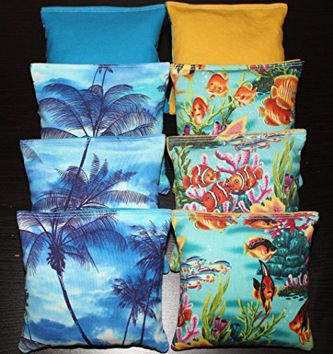 Tropical Beach Island Paradise Palm Trees & Fish Cornhole Bean Bags Set of 8 Regulation Sunset Game Bags