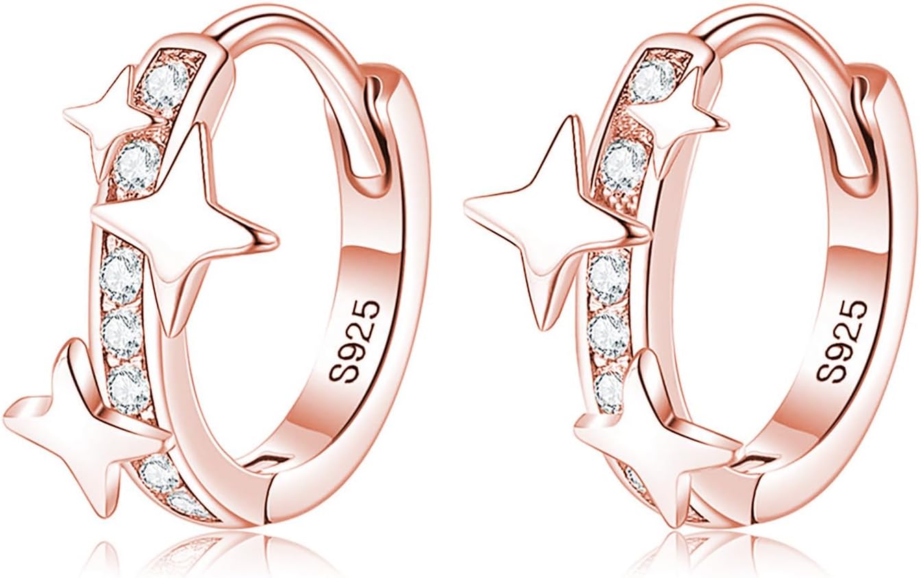 Reffeer Solid 925 Sterling Silver CZ Star Hoop Earrings for Women Teen Girls Star Huggie Hoop Earrings Hypoallergenic
