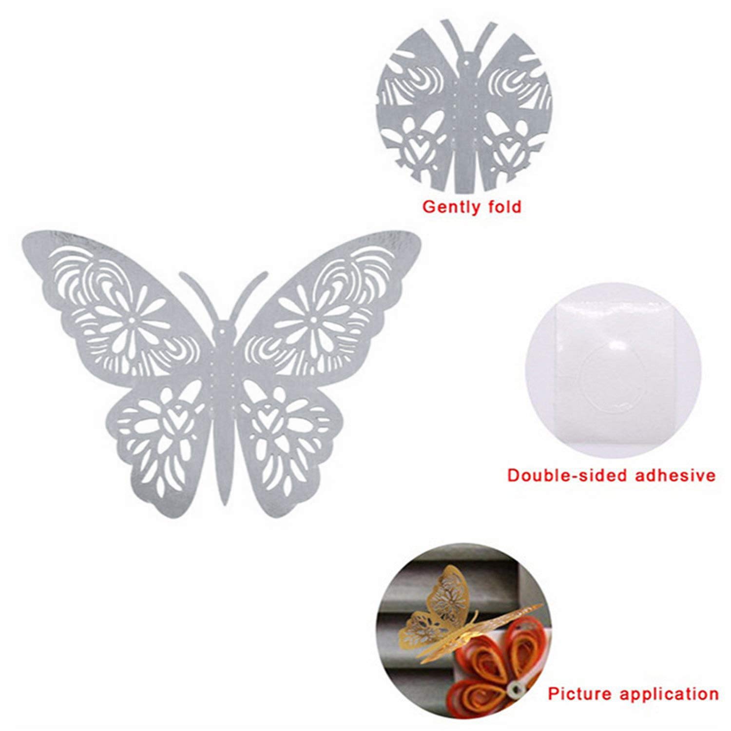Set 24 Adesivi Murali Farfalla 3D – Argento Lucido – Decorazione Casa, Matrimonio, Camera Da Letto – Facili Da Rimuovere - 3