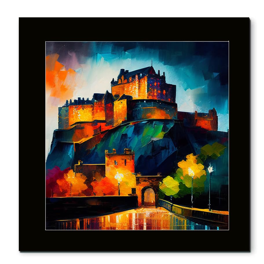 Edinburgh Castle Framed Wall Art 10x10 Inch – Impressionist Scotland Print in Black Wooden Frame – Scottish Home Decor Gift