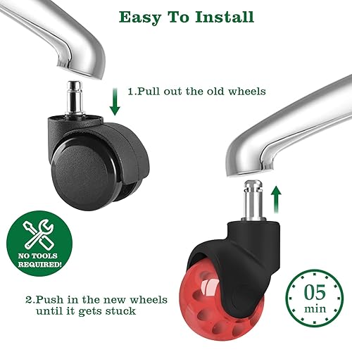 Miniatura 10 de Ruedas de repuesto para silla de oficina, ruedas de goma de 2 pulgadas para alfombras de piso de madera dura, juego de 5, ruedas resistentes para