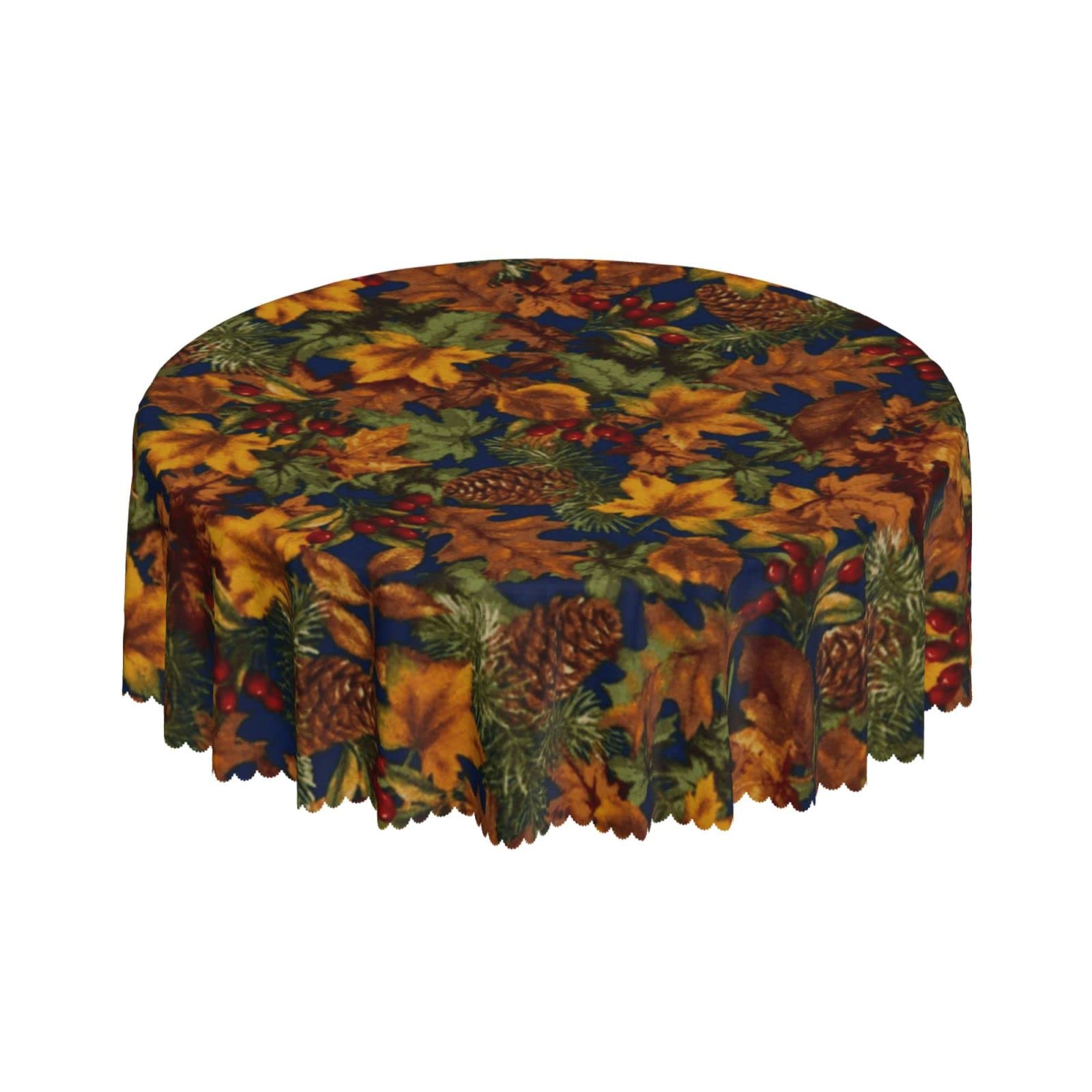Lsjuee Maple Leaf House Pine Cone Fores Round Tablecloth 60 Inch Printed Washable Tablecloth for Dining Party Holiday Fall Home Decorative