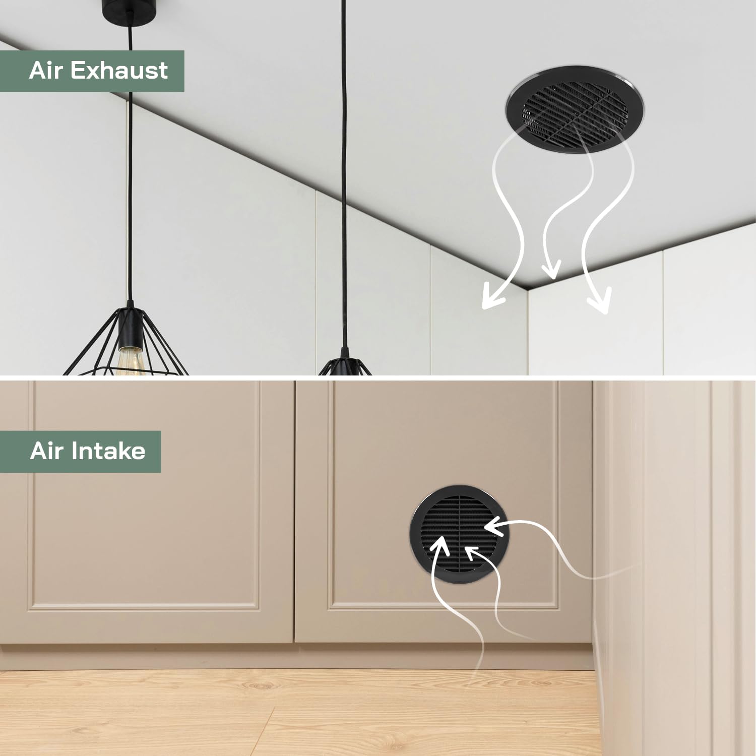 Vent Systems 6 Inch Black Soffit Vent Cover with Built-in Mesh - Pack of 5 - Round Louvered Exterior Vent Cover – 6” Plastic Air Intake & Exhaust Vent – Outdoor Wall & Under Eave Ventilation Cover