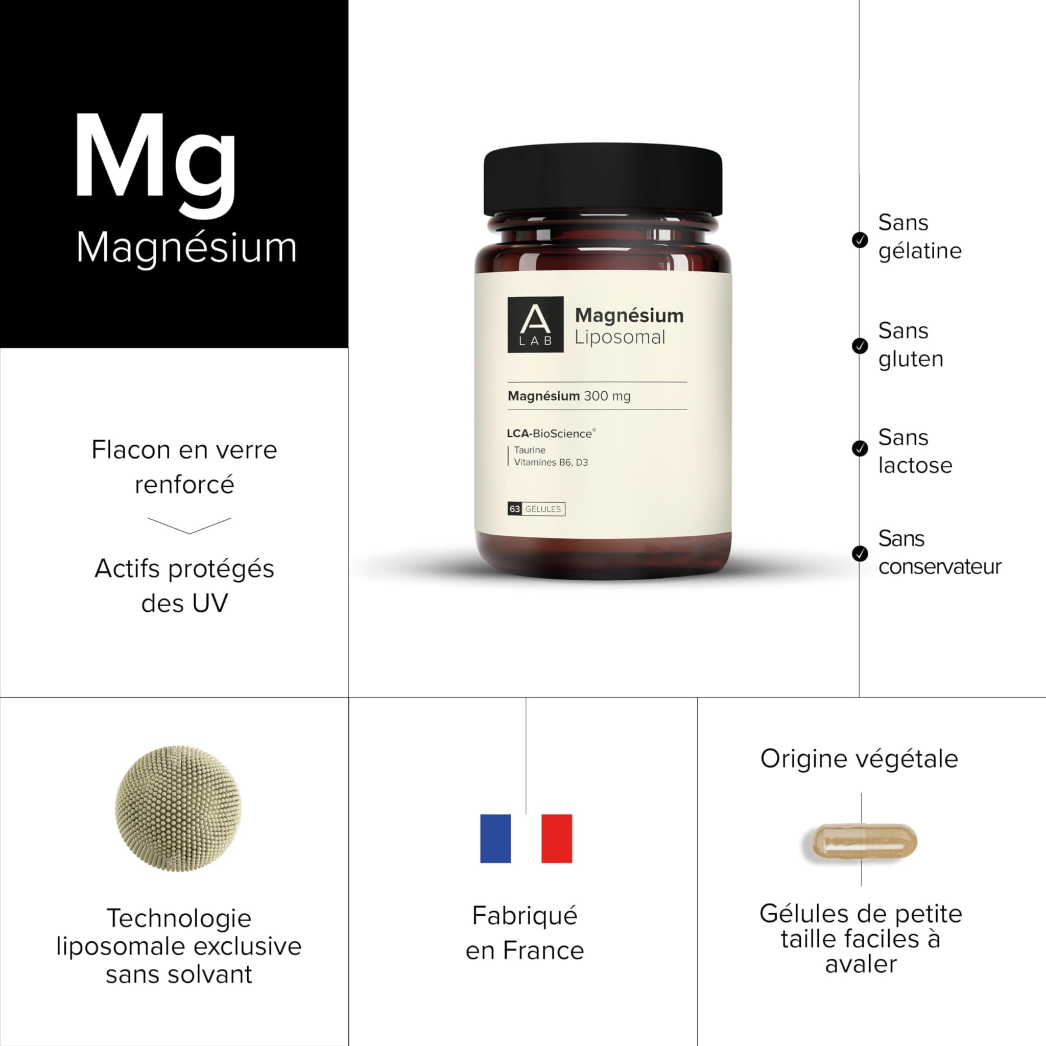A-LAB Magnesium Liposomal 300 mg - Anti Stress, Fatigue, Troubles Du Sommeil - Magnésium, Taurine, Vitamine D3, Vitamine B6-2 mois de prise - Fabriqué en France