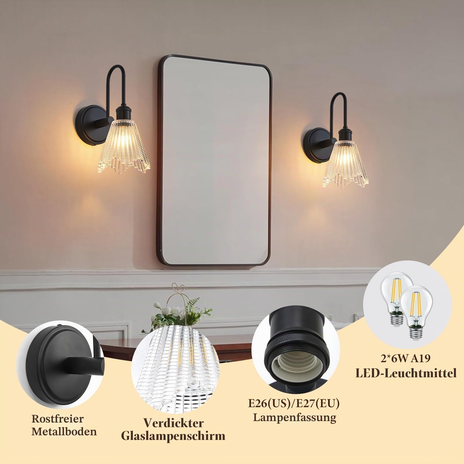 Wandleuchte Set 2-tlg, Schwarz Vintage Wandlampe mit Langem Klaren Glasschirm, Festverkabelte Wandleuchten für Schlafzimmer, Badezimmer, Wohnzimmer | Inkl. 2 LED Birnen