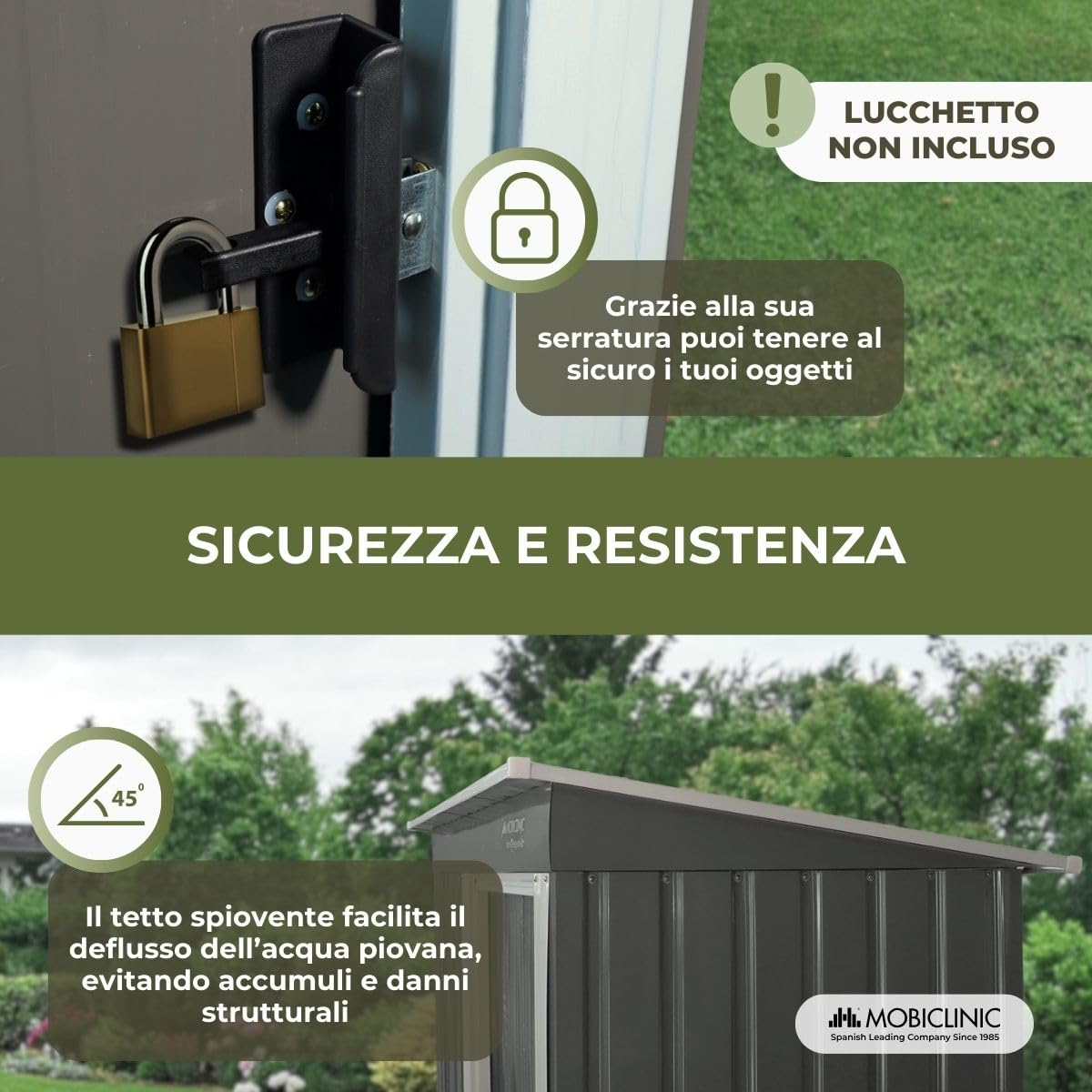Mobiclinic®, Casetta da Giardino, Con Porta Scorrevole, 150 x 75 x 181 cm, Armadio da Esterno, Lucchettabile, Nomi, Tetto spiovente, 1.4 m², Custodia Sicura, Resistente, Grigio