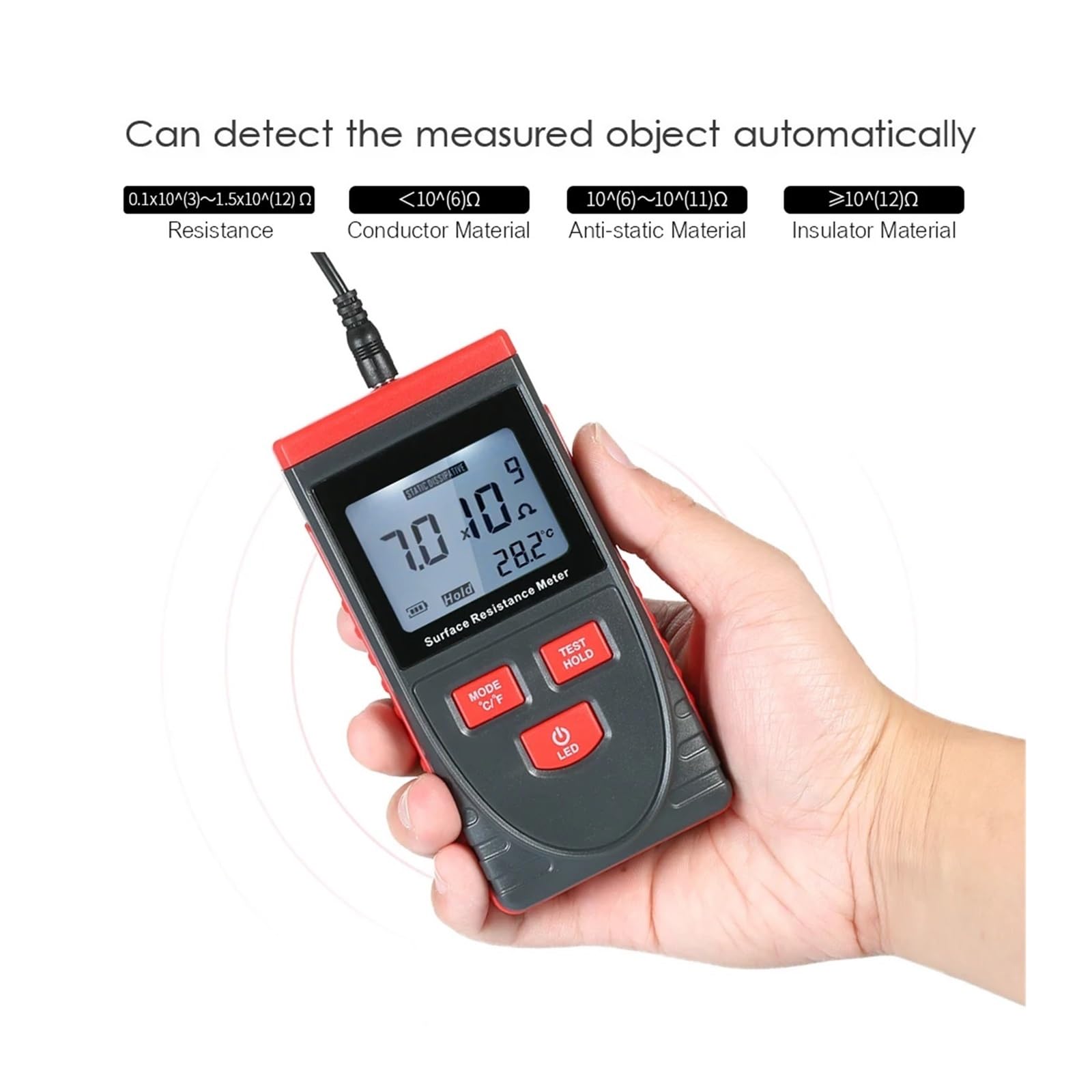 Medidores de Resistencia, Medidor de resistencia superficie portátil con pantalla LCD, medición temperatura, almacenamiento datos, comprobador aislamiento antiestático