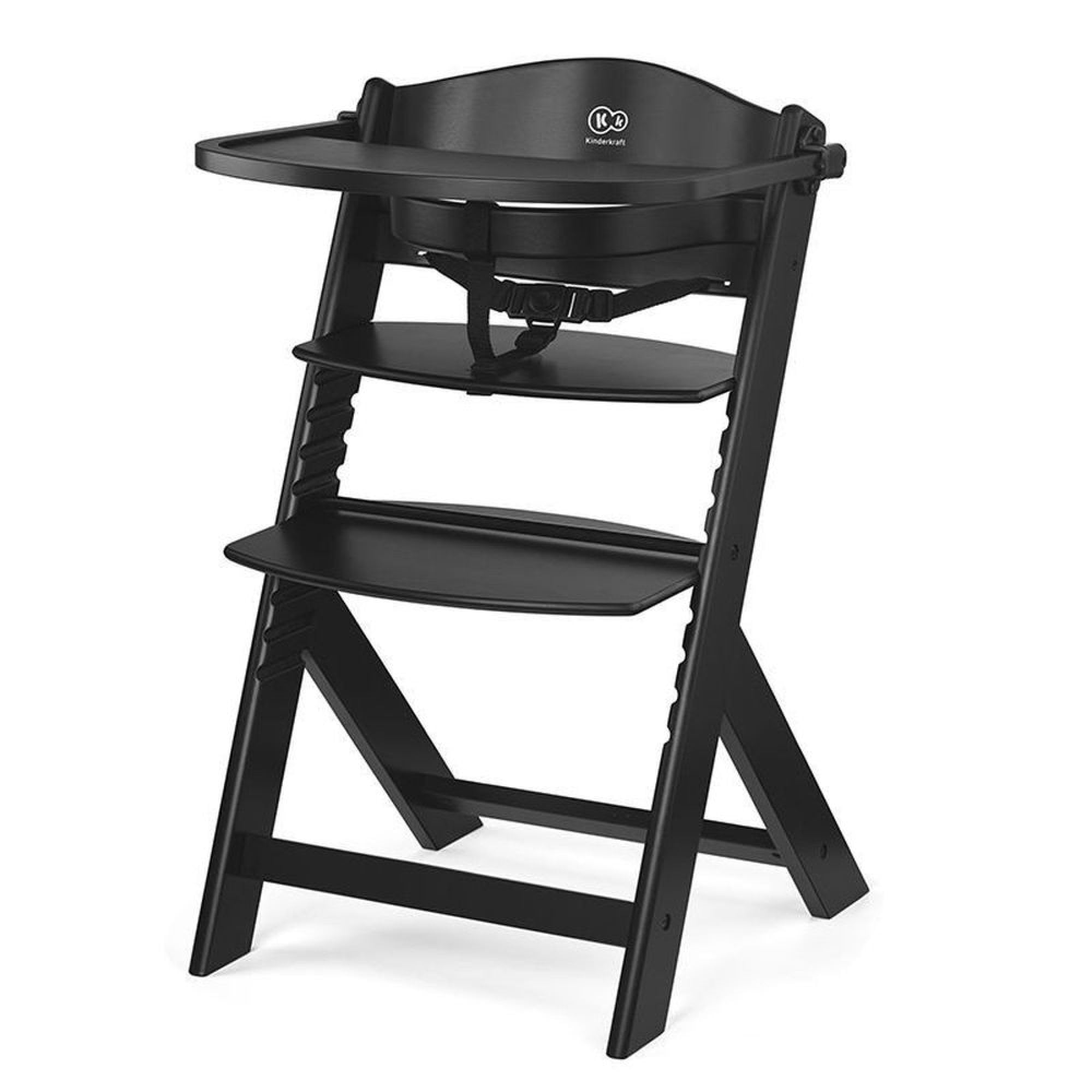 Kinderkraft ENOCK - Seggiolone in legno 3 in 1, multifunzione, altezza e poggiapiedi regolabili, imbracatura di sicurezza, con vassoio rimovibile, per bambini fino a 10 anni, colore: nero
