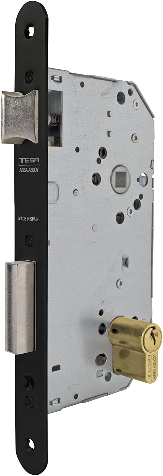 Tesa Assa Abloy 20306RNE Mortice Lock for Wooden Doors with Black Cylinder Entrance 60mm Round Front 2030
