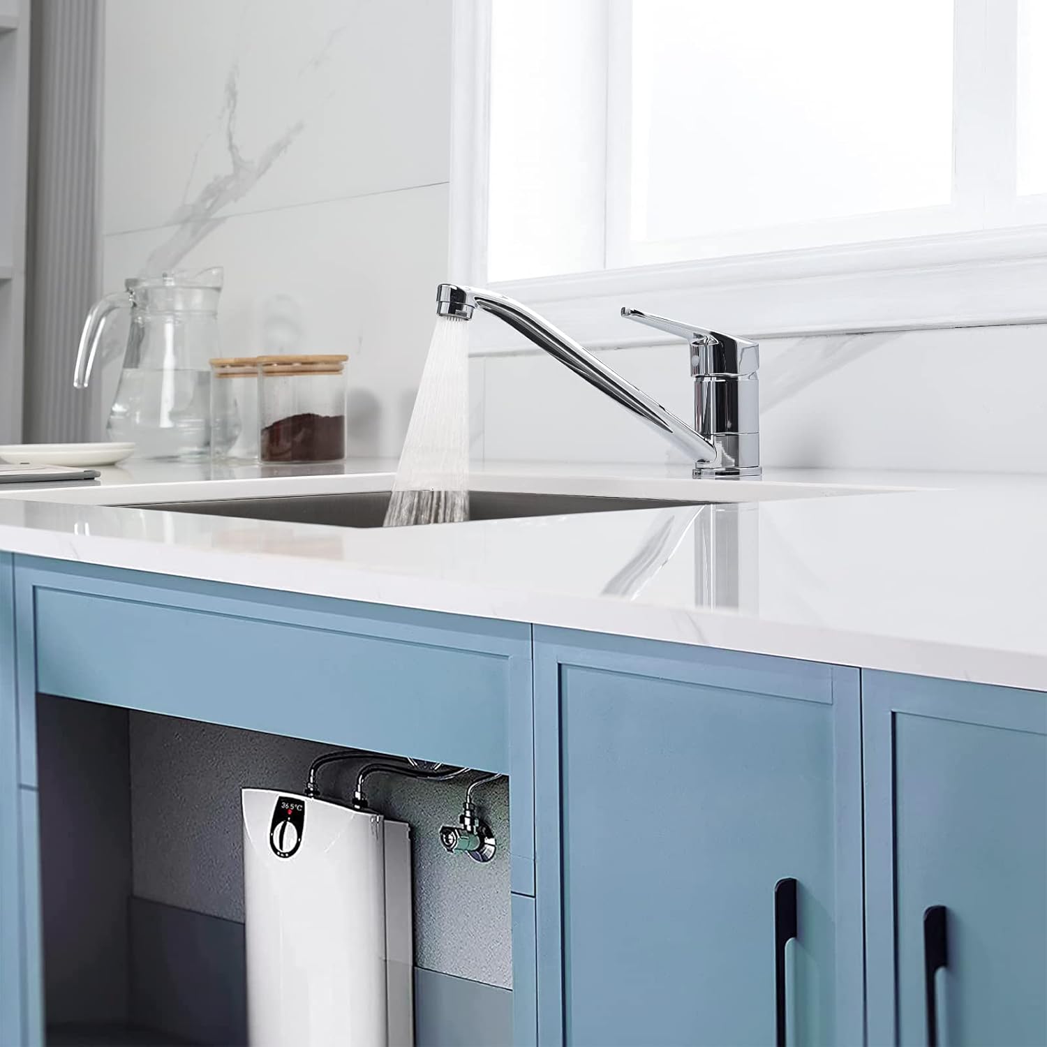 Ibergrif M14450-98 faucet installed with a low-pressure water heater underneath the sink