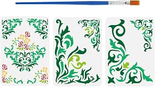 FINGERINSPIRE 3 Pcs Damask Border Corner Stencil with A Paint Brush 11.7x8.3inch Damask Wallpaper Painting Template Damask Floral Pattern Stencil for Painting on Wood Wall Fabric Furniture