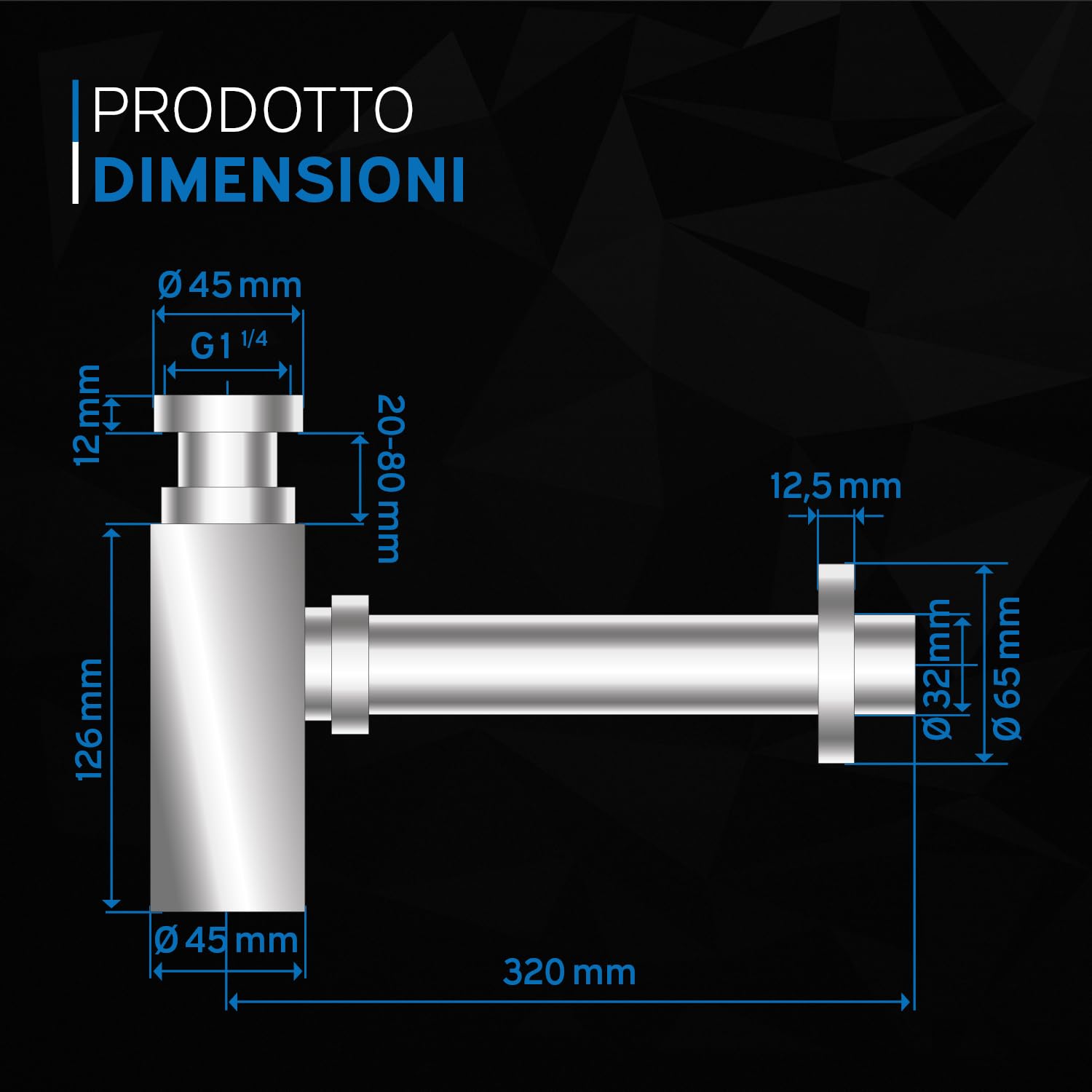 kör4u Sifone 1 1/4" x 32 mm, valvola pop-up, 2 valvole angolari, quadrata, cromata